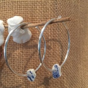 Blue & white China beach glass Hoop Earrings